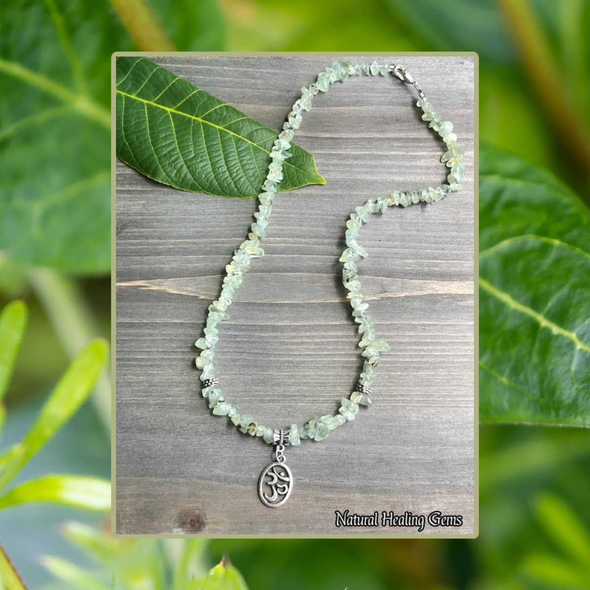 Prehnite Gemstone Chip OM Necklace for Divine Knowledge 20